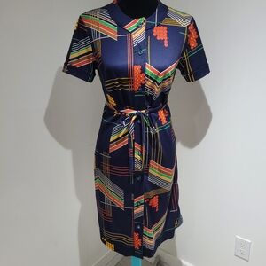 Holt Renfrew Vintage Geometric Print Belted Button Down Dress Size Small Navy